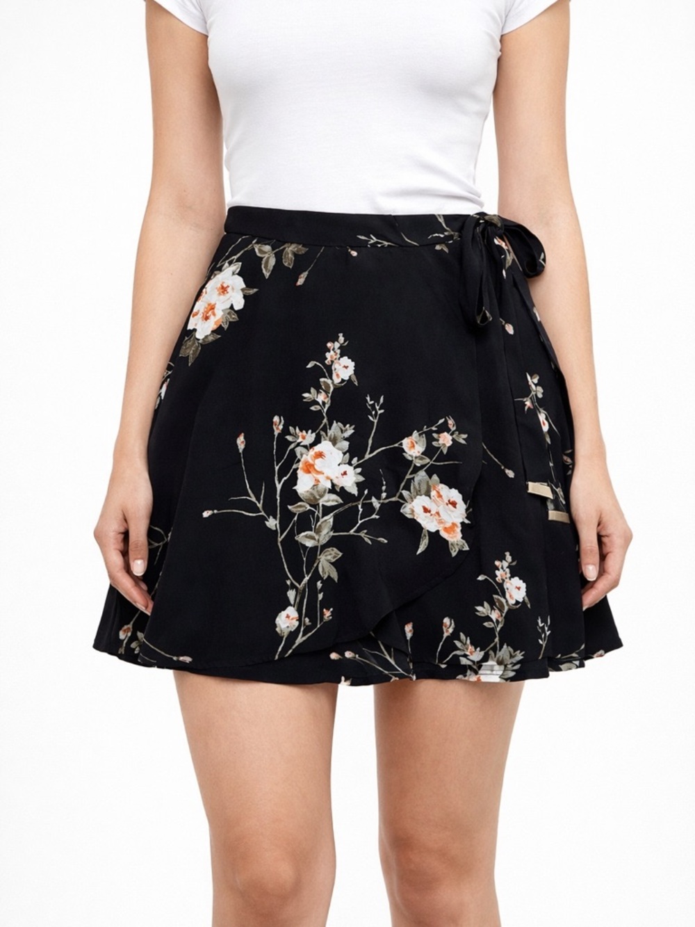 Dynamite Black Floral Wrap Skirt with White & Pink Blooms size S